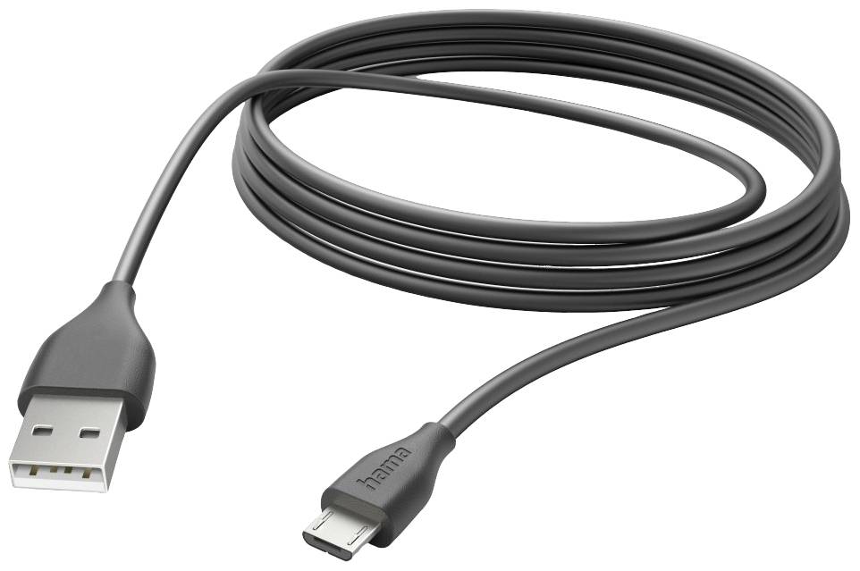 Črn USB kabel z USB-A vtikačem na eni strani in Micro-USB vtikačem na drugi strani.