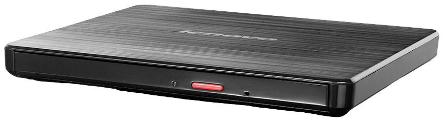 Zunanje DVD-enoto v črni omarici z logotipom Lenovo. Plosk dizajn z rdečim gumbom na sprednji strani.