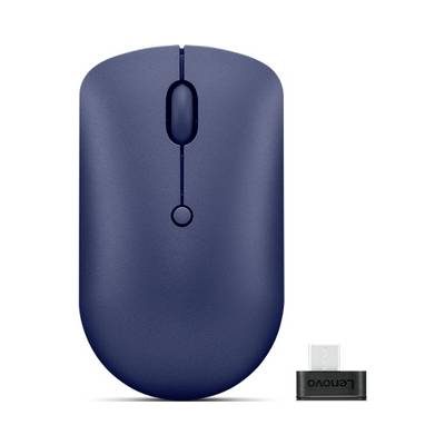 Modra brezžična miška z USB sprejemnikom, pogled od zgoraj.