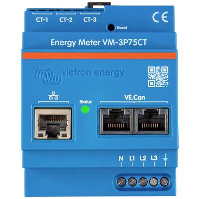 Modro energetsko merilno napravo z dvema Ethernet priključkoma in LED statusno indikacijo. Označeno z 'Energy Meter VM-3P75CT'.