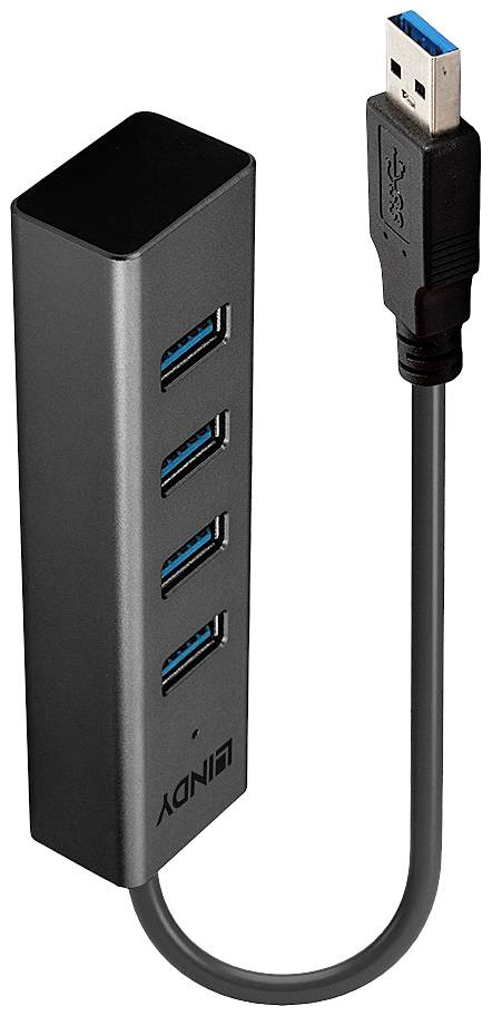 Črn USB-hub s štirimi USB-3.0-priključki in vgrajenim kablom.