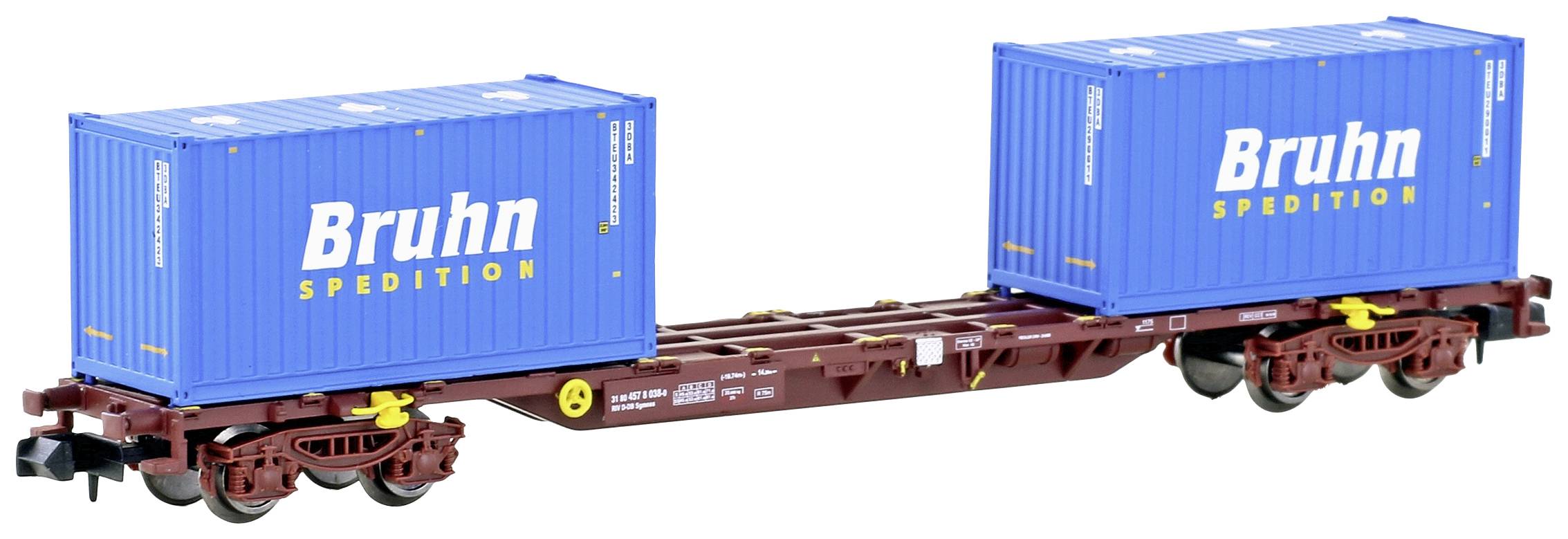 Tovorni vagon z dvema modrima kontejnerjema podjetja 'Bruhn Spedition' na tirnicah.