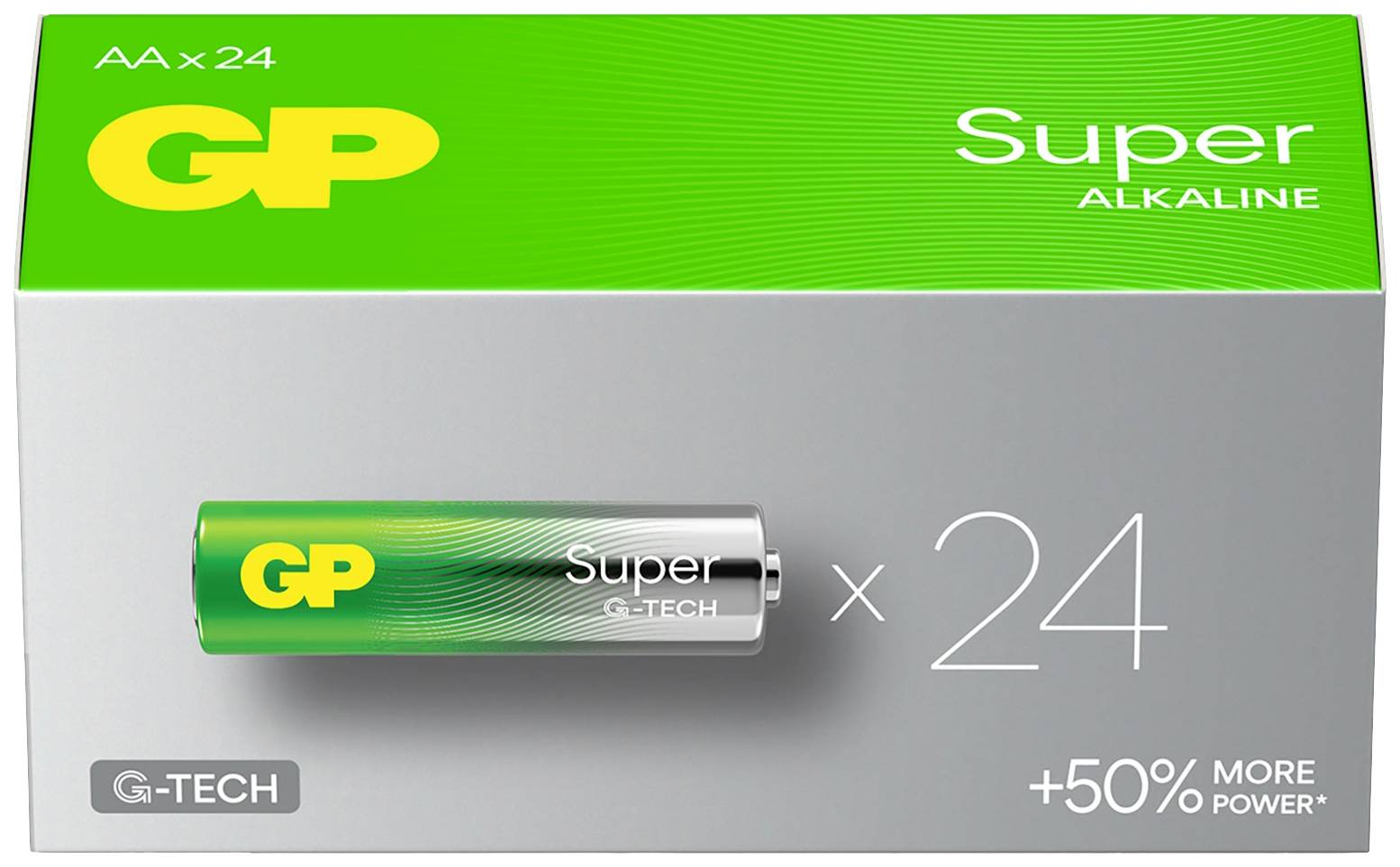 Pakiranje s 24 GP Super Alkaline AA-baterkami; zeleno-srebrn dizajn, opomba '+50% MORE POWER' in upodobljena AA-baterka.