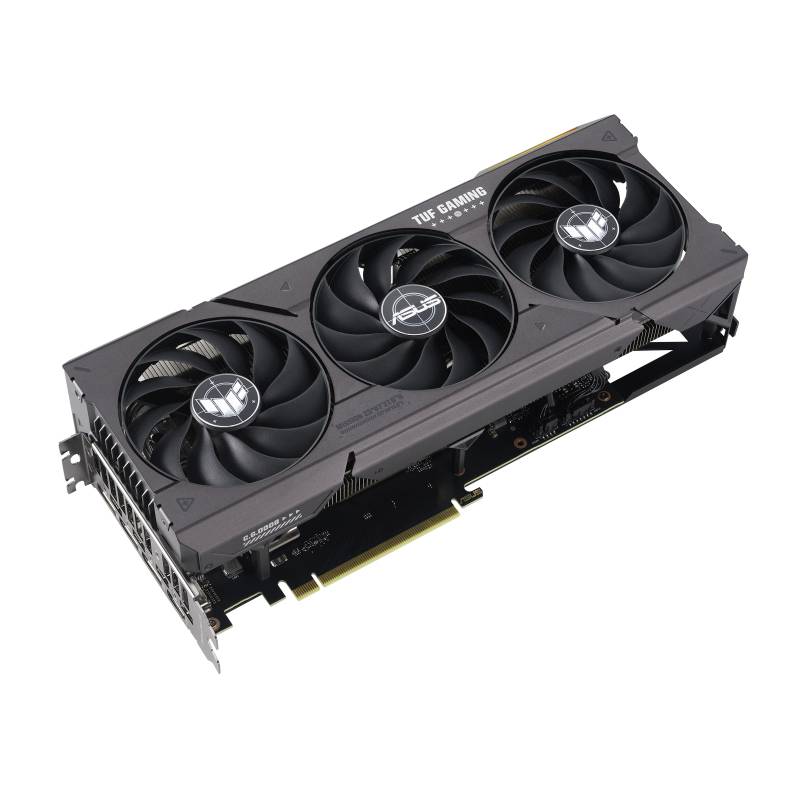 Črna grafična kartica s tremi ventilatorji, znana po visoki zmogljivosti pri igranju iger. Prikazuje znamko ASUS TUF, primerna za zahtevne računalniške igre.