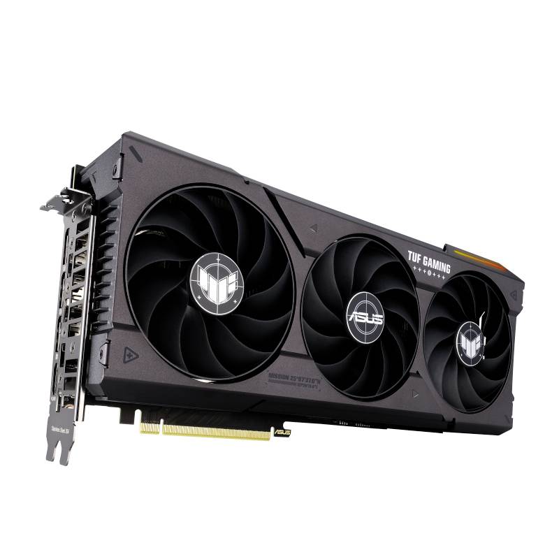 Črna grafična kartica ASUS TUF Gaming s tremi ventilatorji in zlatim priključkom, pogled s strani.