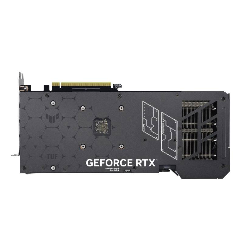 Črna grafična kartica zadaj z napisom 'GEFORCE RTX', pravokotne oblike, prezračevalne reže na desni strani.