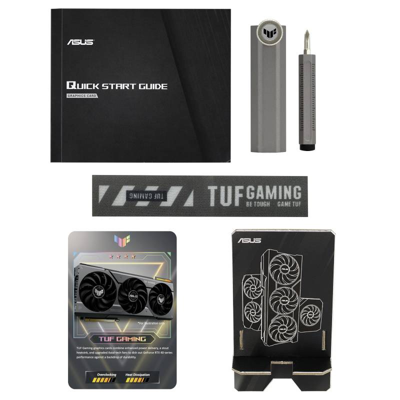 Slovensko besedilo:<br><br>'ASUS Hitri vodnik', Orodje in etiketa za pritrditev grafične kartice TUF Gaming. Vsebina embalaže za tehnični izdelek.