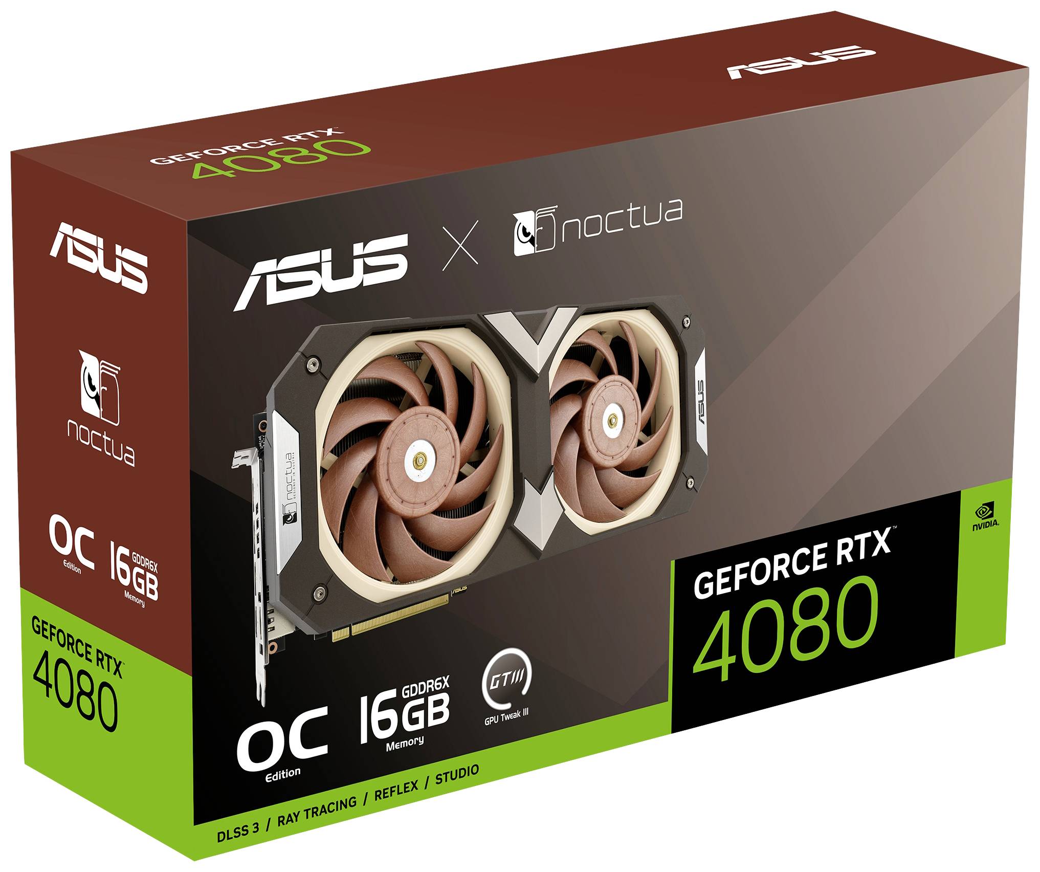 'ASUS GeForce RTX 4080 Noctua' grafična kartica, embalaža. Glavne lastnosti: 16 GB GDDR6X pomnilnika, OC različica, dizajn z dvojnim ventilatorjem.
