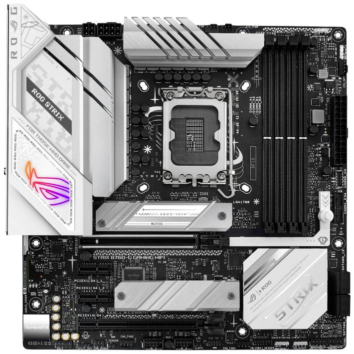 Prikaz matične plošče Asus ROG Strix s poudarjenim vtorom za procesor na sredini, obdanim s hladilniki in režami za pomnilnik.