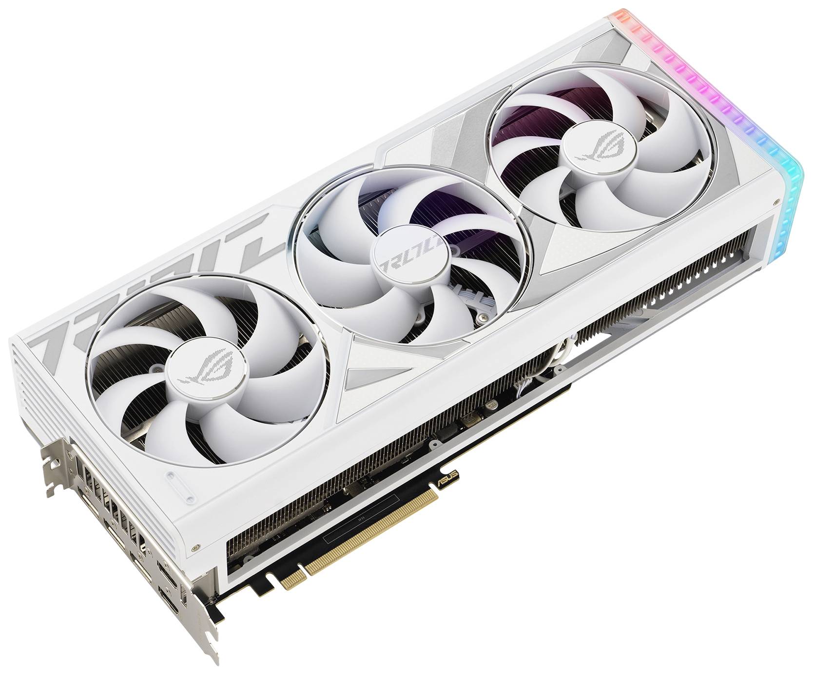 Bela grafična kartica s tremi ventilatorji in RGB-osvetlitvijo na strani. Visokokakovostno oblikovanje z logotipom ROG. Primerna za gaming računalnike.