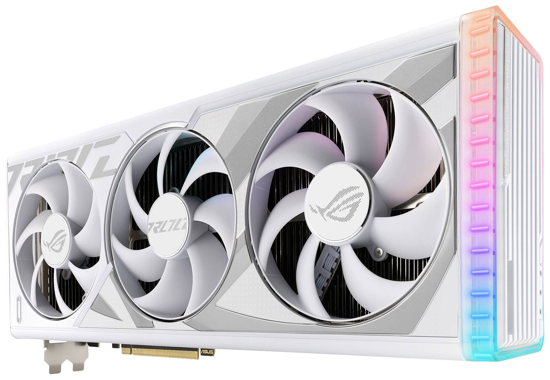 Bela GPU s tremi ventilatorji in RGB osvetlitvijo na desni strani. Označena z logotipom ROG. Primerna za gaming in grafično obdelavo.