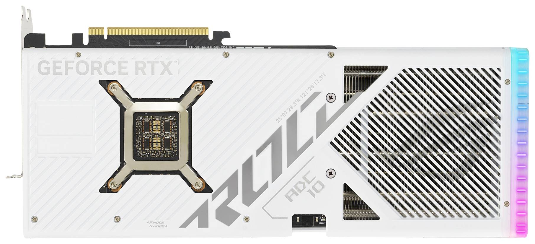 Bela grafična kartica z napisom 'GEFORCE RTX' in 'ROG'. Ima rešetko za ventilator in barvni svetleči trak ob strani.