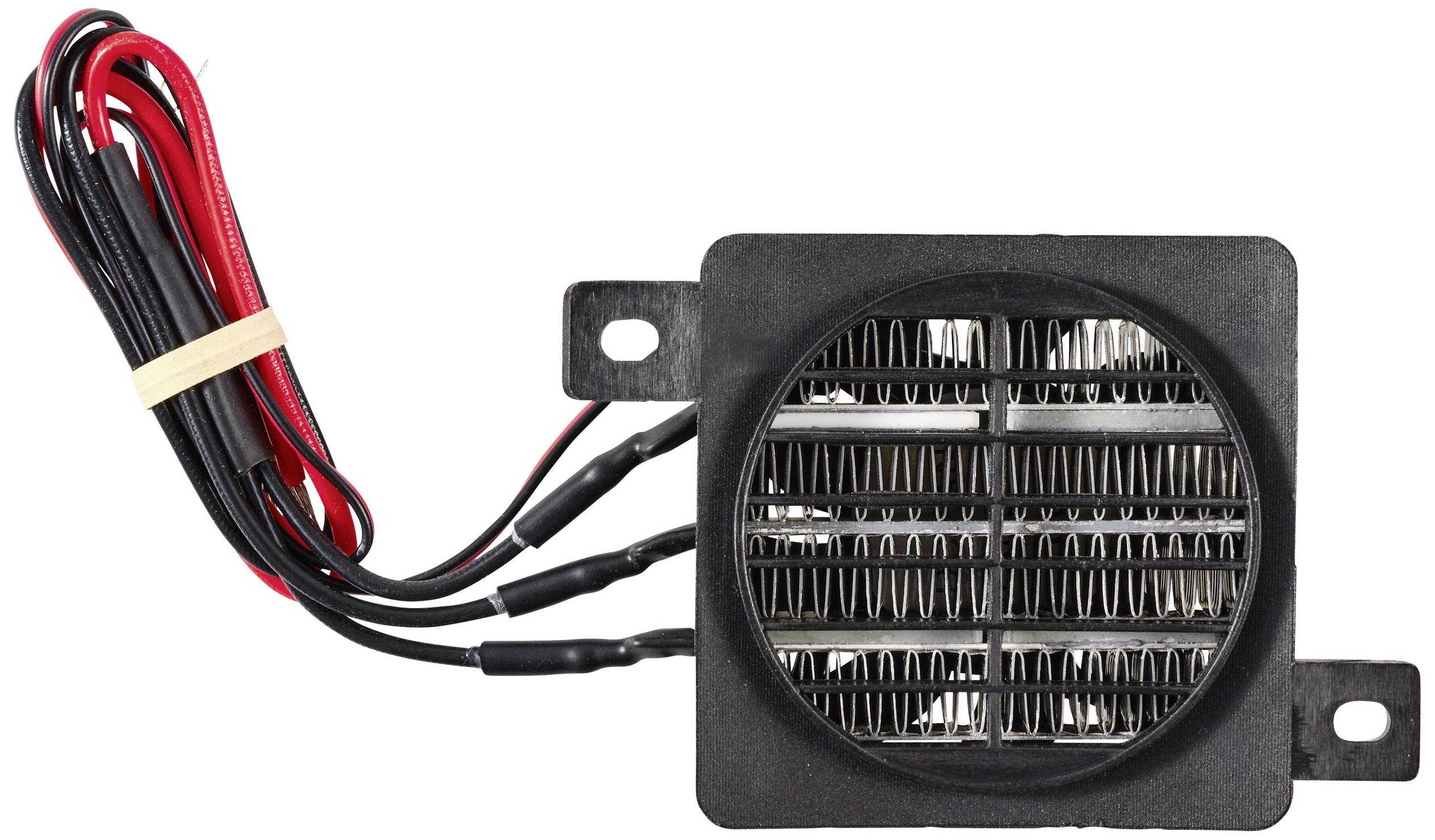Črn elektronski grelni ventilator s kabli; pravokotne oblike, z notranje vidnimi srebrnimi lamelami. Uporablja se za ogrevalne sisteme.