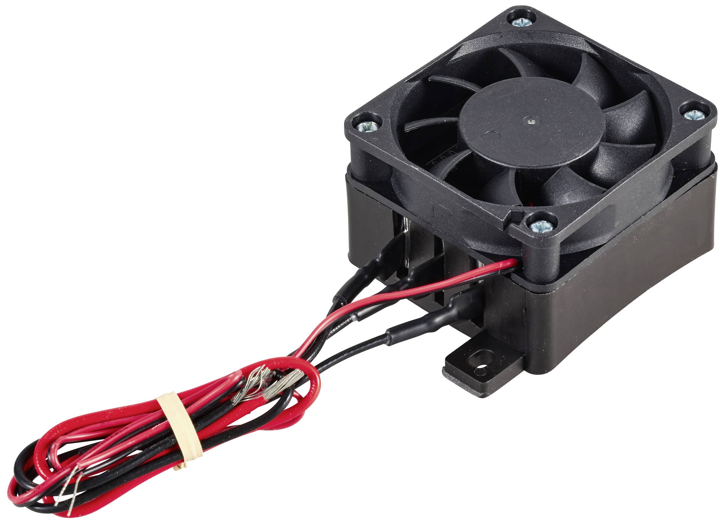 Črn, kvadraten ventilator z rdečimi in črnimi kabli, uporabljen za hlajenje elektronskih naprav.