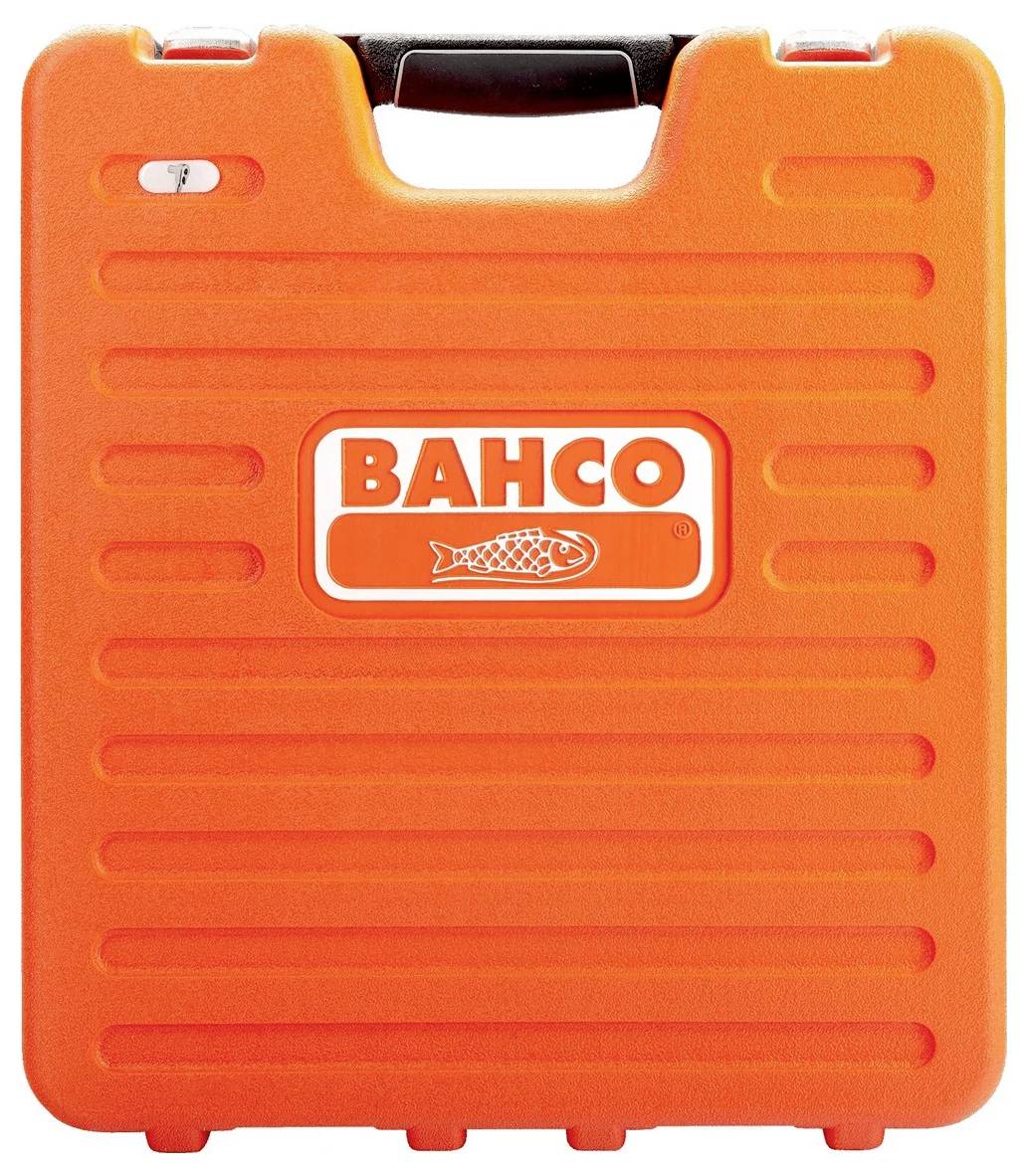 Oranžna Bahco škatla za orodje s črnim ročajem in logotipom Bahco, ki na sprednji strani prikazuje dizajn ribe.