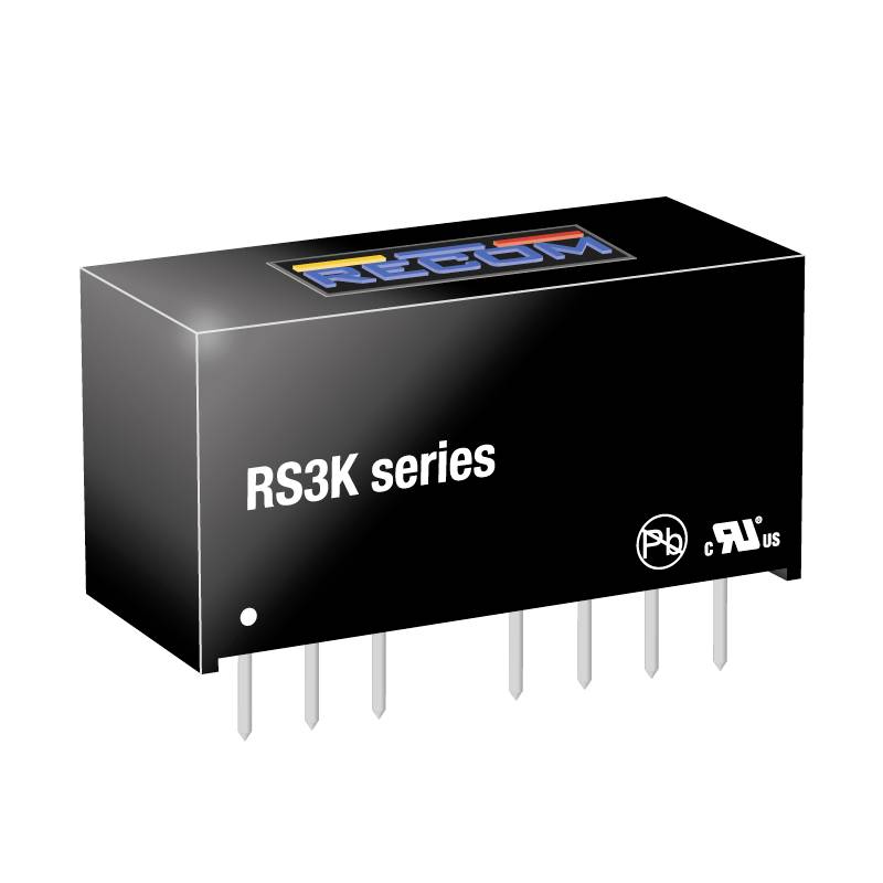 Črna elektronska komponenta z napisom 'RS3K serija', več kovinskimi priključki spodaj in logotipi ob strani.