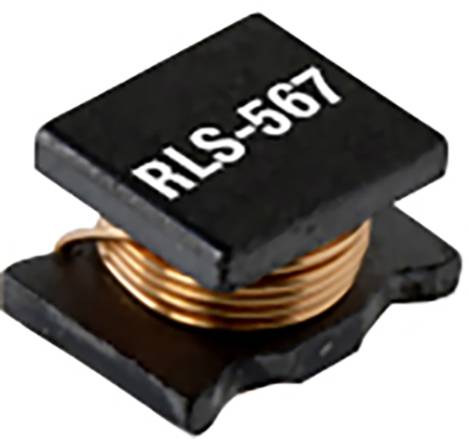Kvadratni elektronski element s tuljavo iz bakarne žice, označen z 'RLS-567'.