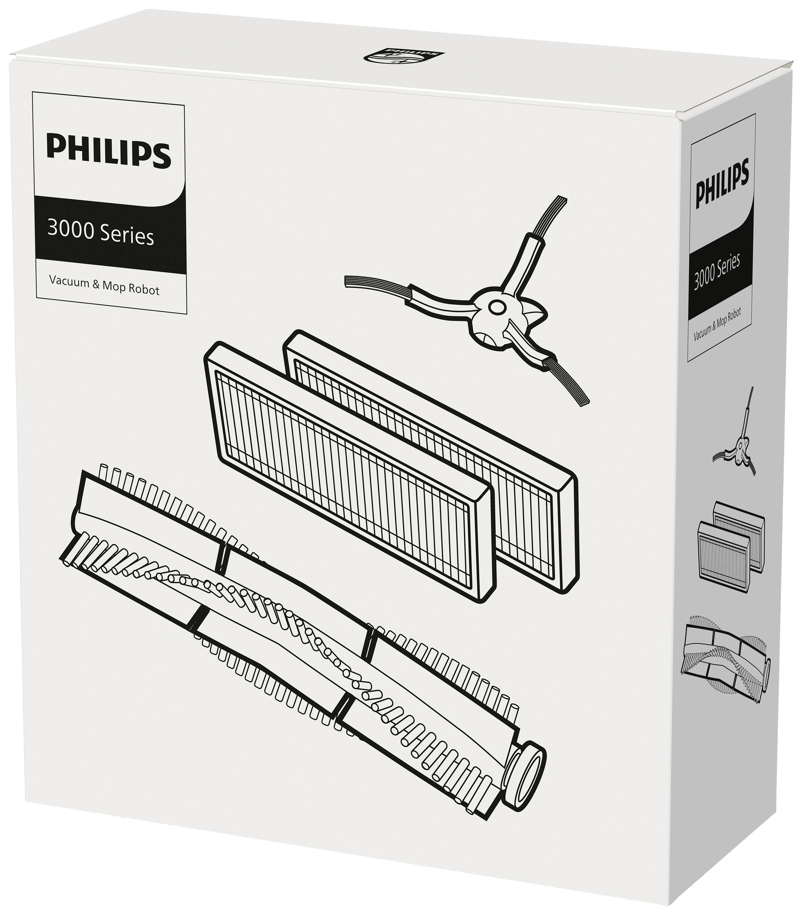 Embalaža robotskega sesalnika Philips serije 3000, prikazuje nadomestne dele kot so ščetke in filtri, z napisom 'Vakuumski & čistilni robot'.