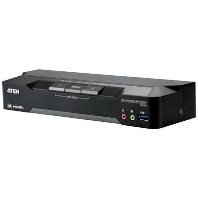 Črn 2-portni HDMI-KVM-preklopnik znamke ATEN s podporo 4K, opremljen z dvema HDMI-priključkoma, vhodom in izhodom za zvok ter USB-vrati.