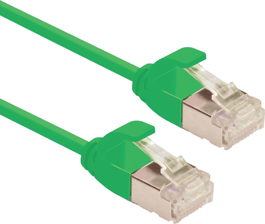 Zeleni eternet kabel z RJ45 vtičem na obeh straneh, ki se uporablja za omrežno povezavo v računalniških omrežjih.