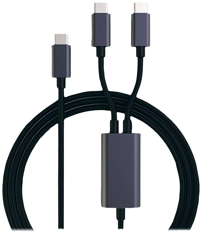 Črn večnamenski polnilni kabel s tremi priključki in sivimi konektorji ter adapterjem, primeren za različne naprave.