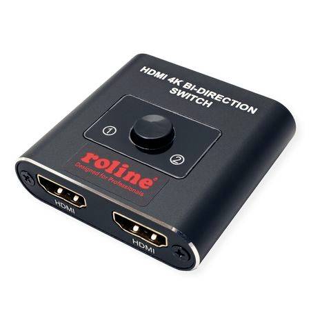 Črn HDMI 4K dvosmerni preklopnik z dvema HDMI-priključkoma in upravljalnim gumbom na sredini. Primeren za preklop med dvema HDMI-viroma.