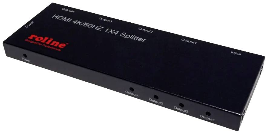 Črni HDMI-razdelilec z napisom 'roline' in oznakami: Power, Output4-1, Input. Podpira 4K pri 60 Hz ter razdeli signal na štiri izhode.
