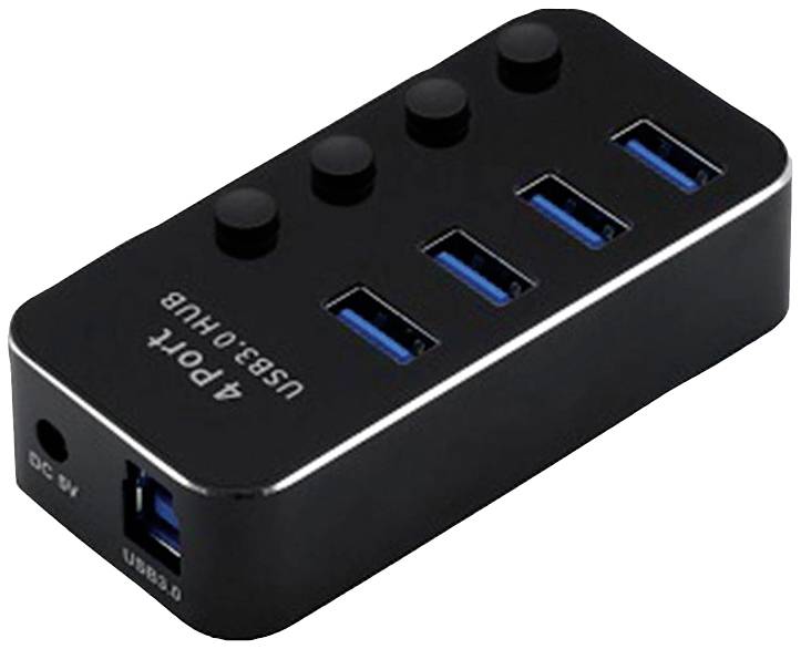Črn USB 3.0 hub s štirimi modrimi USB priključki in štirimi stikali za vklop/izklop.