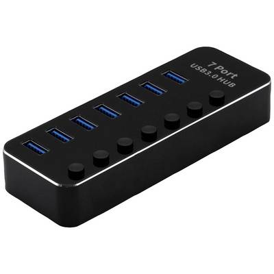 Črn USB hub s 7 modrimi USB 3.0 priključki. Napis '7 Port USB3.0 HUB' zgoraj desno na napravi.