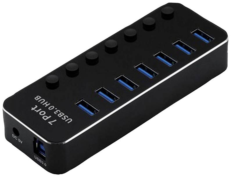 Črn 7-portni USB 3.0 hub z modrimi priključki, pravokotne oblike, s stranskimi priključki za napajanje. Idealen za razširitev USB povezav.