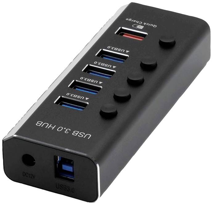 Črn USB 3.0 hub s sedmimi priključki in enim priključkom za hitro polnjenje. Leži na beli površini.