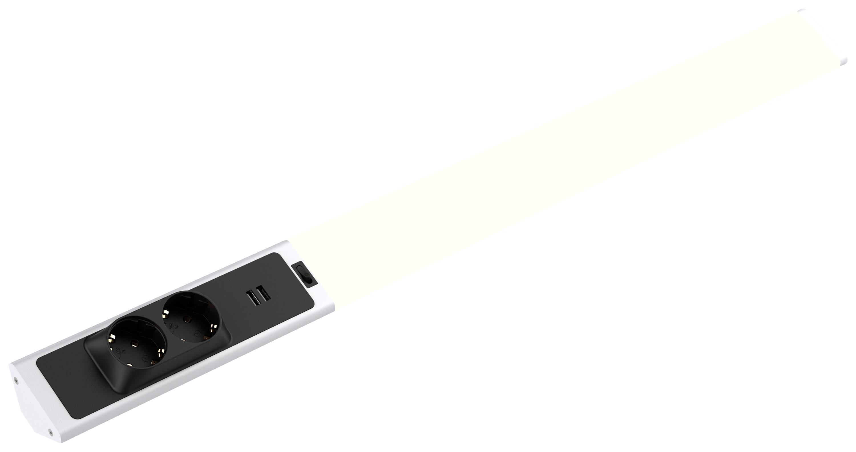 Razdelilec z dvema vtičnicama in dvema USB-priključkoma, nameščen na ozki, svetli plošči.