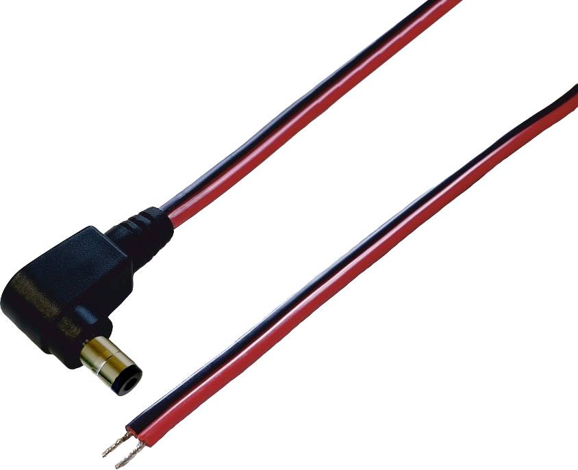 Črn in rdeč kabel z kotnim DC vtikačem na koncu, primeren za napajanje elektronskih naprav.