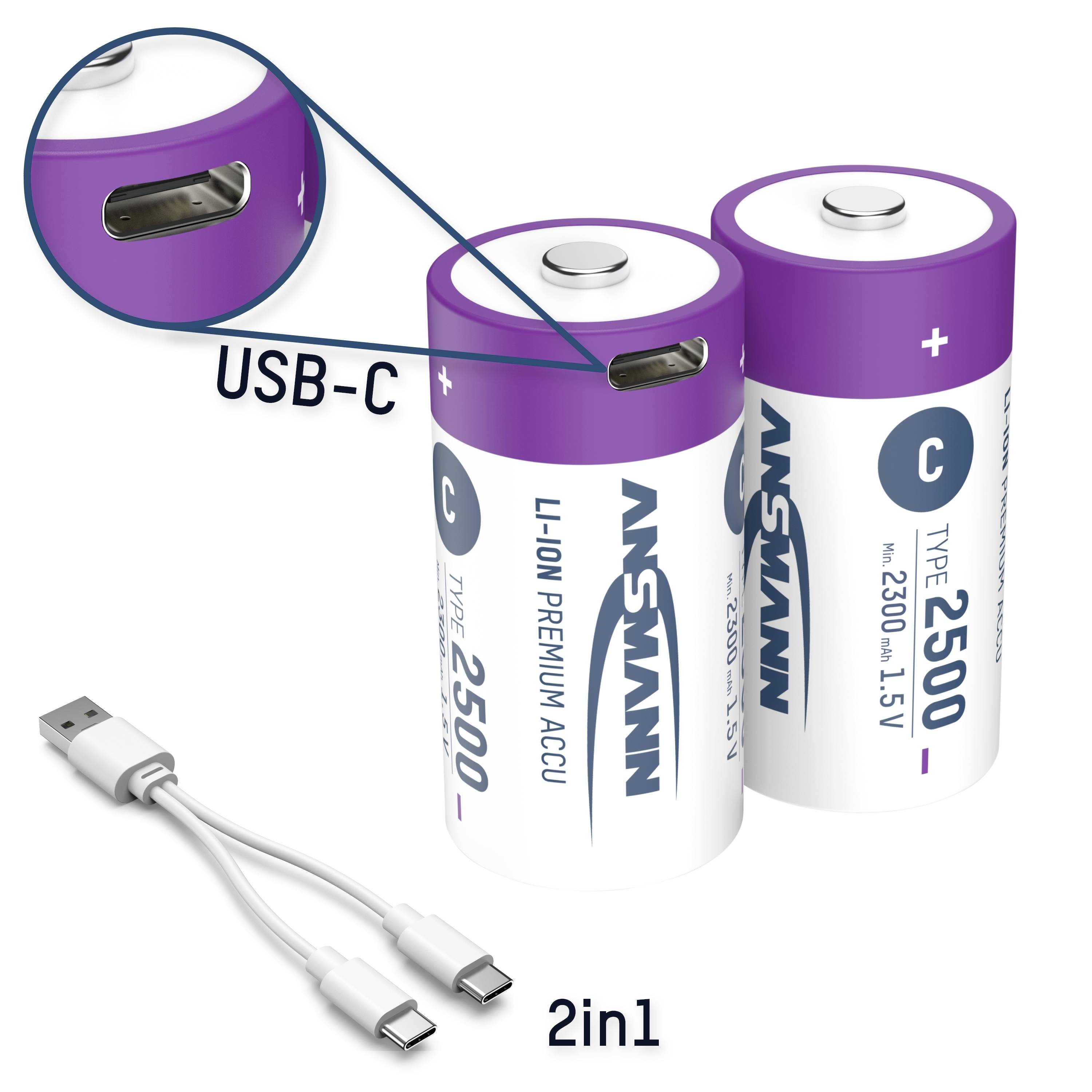 Dva valjasta akumulatorja z USB-C priključkom in priloženim polnilnim kablom. Napis: 'Li-Ion Premium Accu, tip 2500'.