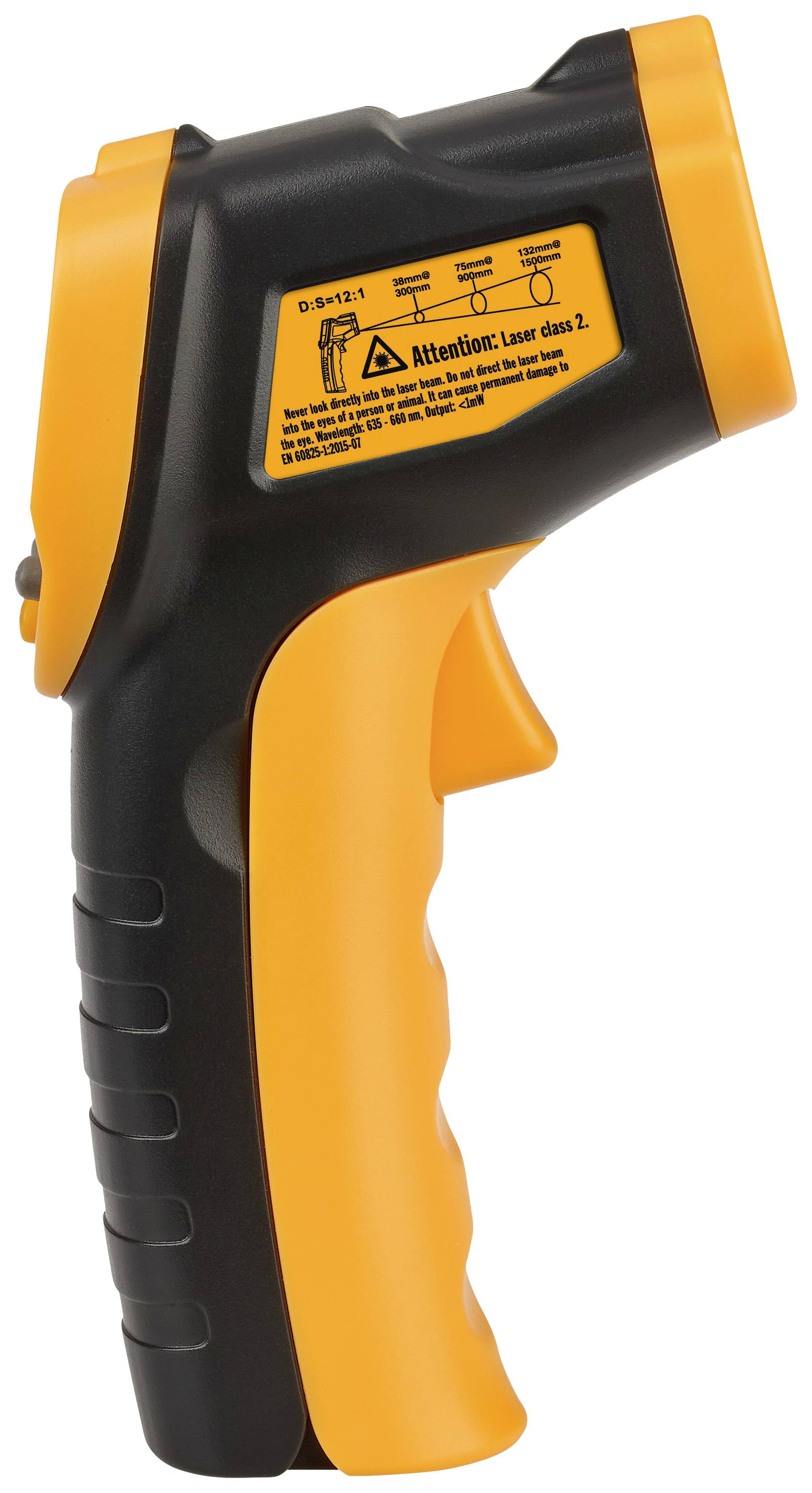 Rumeno in črno infrardeče termometer z laserskimi opozorilnimi simboli. Primeren za brezkontaktno merjenje temperature.