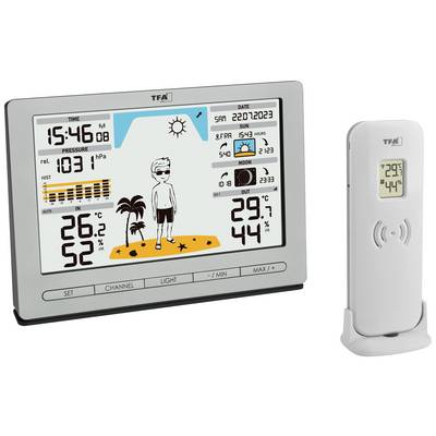 Digitalni zaslon vremenske postaje prikazuje čas, datum, temperaturo (notranja 25,2°C, zunanja 29,7°C), vlažnost zraka in vremensko napoved.