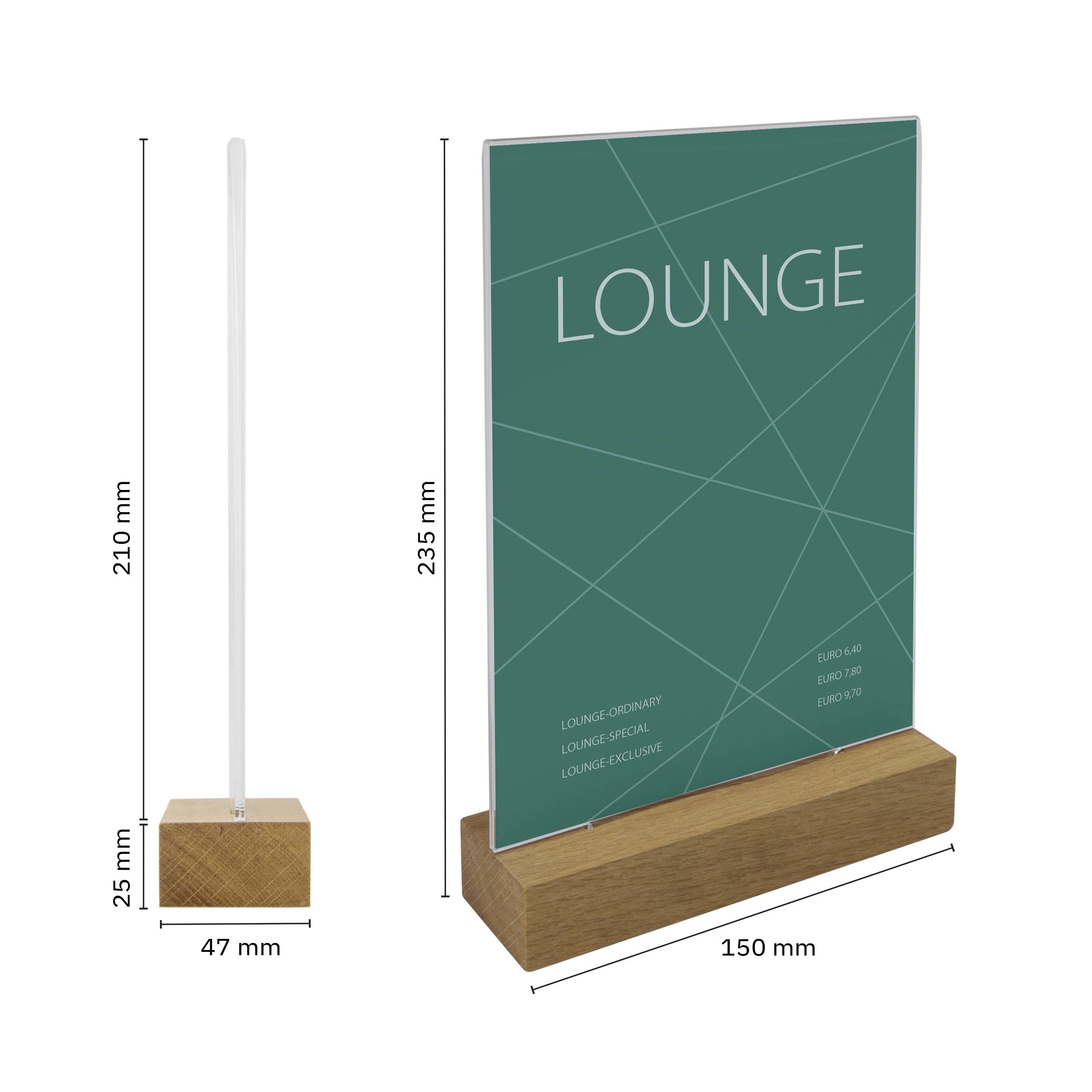 Reklamni stojalo s podstavkom: 235 mm višine, 150 mm širine. Besedilo: LOUNGE, LOUNGE ORDINARY, LOUNGE SPECIAL, LOUNGE EXCLUSIVE.