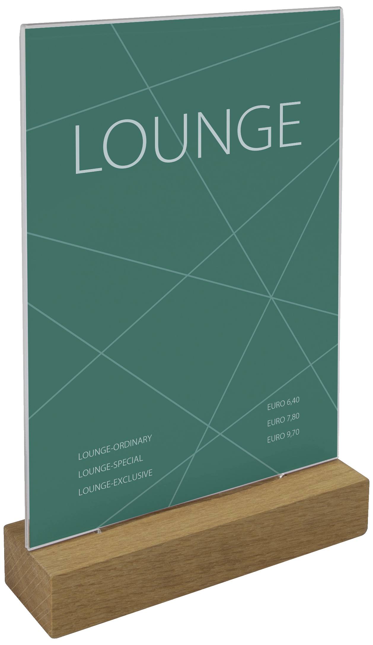 Zelena tabla z napisom 'LOUNGE' in informacijami o cenah: 'Lounge-Ordinary 4,80 evrov, Lounge-Special 7,80 evrov, Lounge-Exclusive 9,70 evrov'.