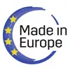 Logotip z besedilom 'Made in Europe'. Krog modrih in rumenih zvezd simbolizira evropski izvor.