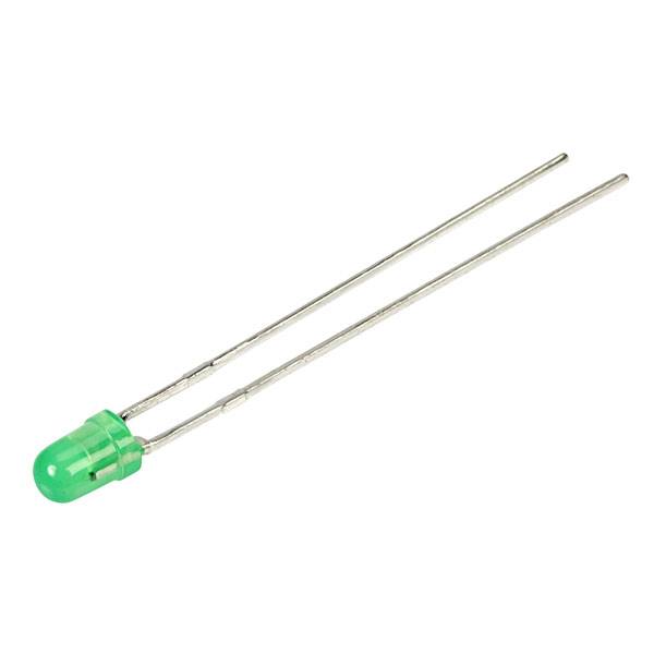 Zelena LED z dvema kovinskima priključkoma, ki služita napajanju. LED se pogosto uporablja v elektronskih vezjih.