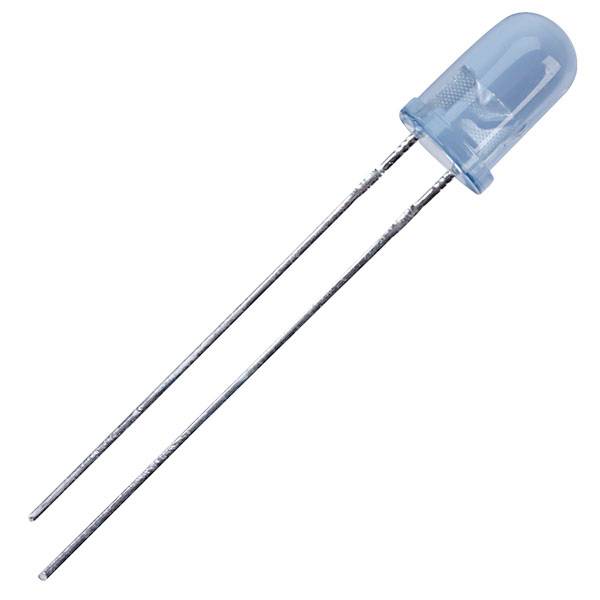 Modra LED z dvema kovinskima priključkoma na beli podlagi.