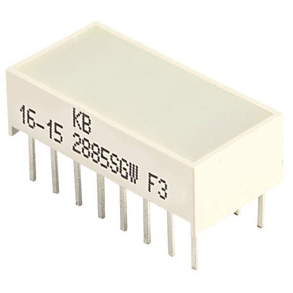 Bel pravokoten elektronski element z več kovinskimi igli spodaj, z napisom '16-15 288B5GW F3' na vrhu.