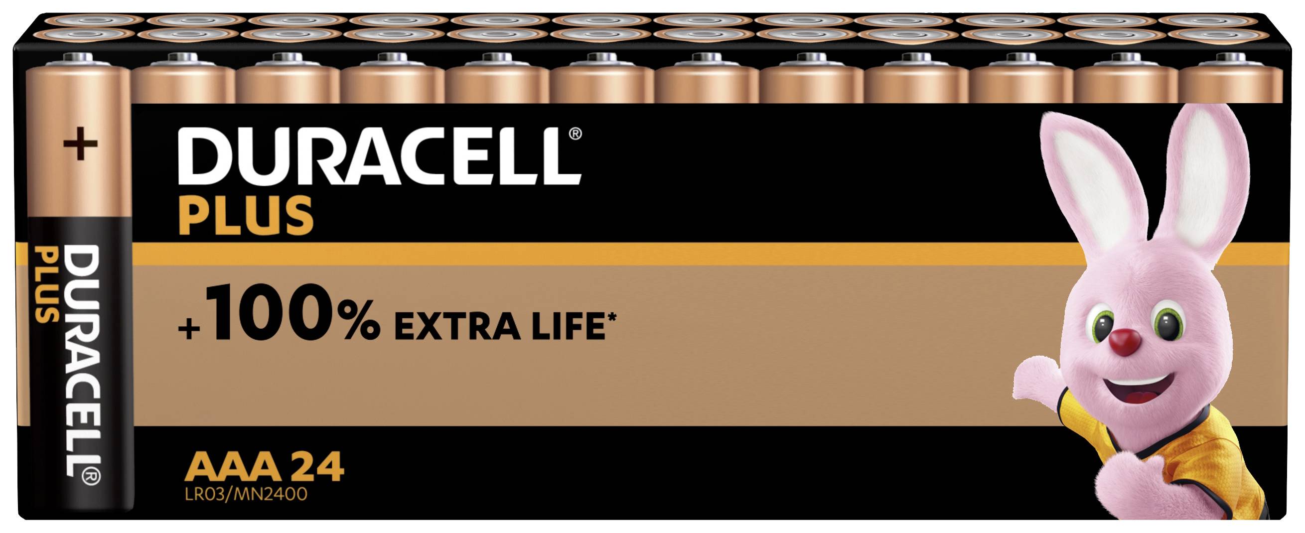 Duracell Plus baterijski komplet z 24 AAA baterijami; napis: '+100% Dodatne življenjske dobe'; poleg njega roza zajec.