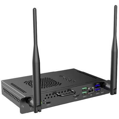 Črno ohišje mini-računalnika z dvema antenama, več USB-priključki, HDMI-priključkom in mrežnim stikalom.