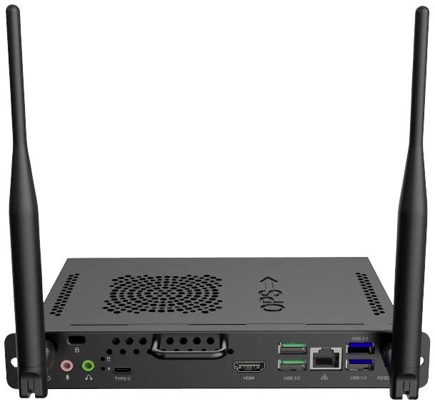 Majhna črna omrežna naprava z dvema antenama in več priključki, vključno z HDMI, USB in avdio priključki, na zadnji strani.