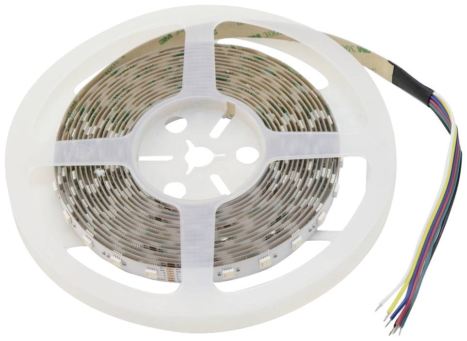 Kolut LED-traku s številnimi majhnimi lučkami in priključnimi kabli v različnih barvah za namene osvetljevanja.