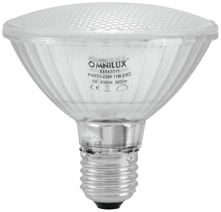 Omnilux LED-sijalka PAR30 z 11 W, 230 V, 900 lm, 6500 K. Ima E27 podnožje in refleksno površino.