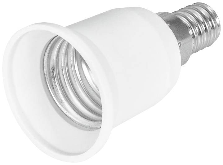 Adapter za žarnice z navojem E14 in E27. Bela zunanja lupina, srebrn kovinski navoj, namenjen pretvarjanju vrst nosilcev žarnic.