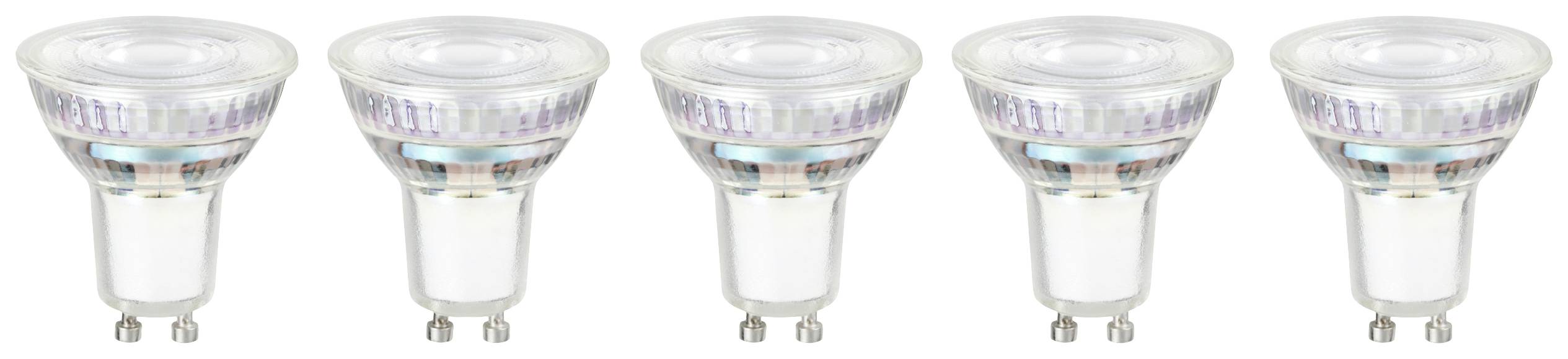 Pet LED žarnic v vrsti, vse identične z GU10 podnožji, primerne za varčno razsvetljavo v notranjih prostorih.