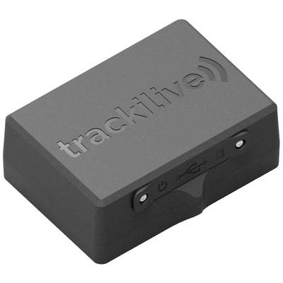 Črna naprava z napisom 'trackilve', simbolom omrežja. Oblika spominja na majhno, pravokotno škatlo z USB priključkom.